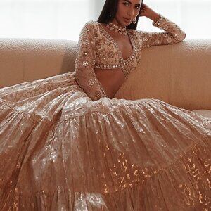 Neha Khullar Chanderi Silk Embroidered Lehenga Set: Customized in PEACH